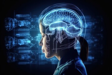 Wall Mural - Side view of woman with brain and medicine interface on background. Generative AI