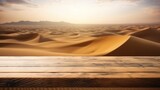 Fototapeta Na sufit - Empty wooden table for product display background, banner and product advertisement mock up with a beautiful desert behind, AI generated