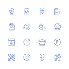 Ecology Icon Set. Editable Stroke. Thin Line Icon. Duotone Color. Containing Bulb, Phone, Dye, Biofuel, Eco Bag, Energy Saving, Recycling, Carbon Dioxide, Shop, Sustainable, Recycle, Environment.