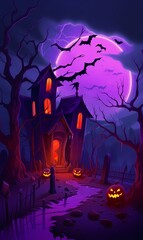 Halloween background poster with tombs, trees, bats, tombstones, gravey generated ai	