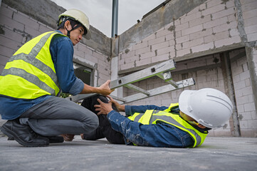 Accidents at work. Asian engineer fell from a height, fell to the ground and was crushed by a ladder. An engineer colleague rushed to the rescue. Work accident concept, construction site accident.