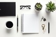 Organized Flat Lay Office Essentials, Stylish Notebook, Elegant Pen, Sleek Eyeglasses, Minimalistic Desk Accessories, Neutral Background - Generative AI