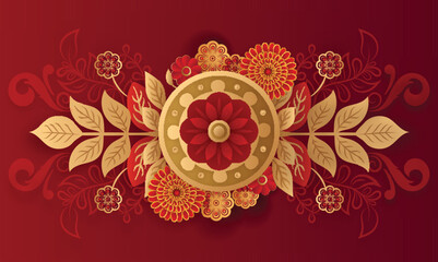 Sticker - Red And Golden Volumetric Floral Horizontal Background or Greeting Card Design. Generative AI Illustration.