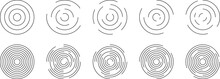 Set Of Circular Ripple Icons. Concentric Circles With Broken Lines Isolated On White Background. Vortex, Sonar Wave, Soundwave, Sunburst, Signal Signs