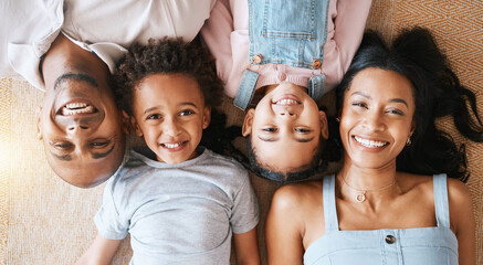 Poster - Family, portrait and top view smile in house, bonding or having fun together. Parents, happiness above and children relaxing or lying on carpet floor with man and woman, care or enjoying quality time