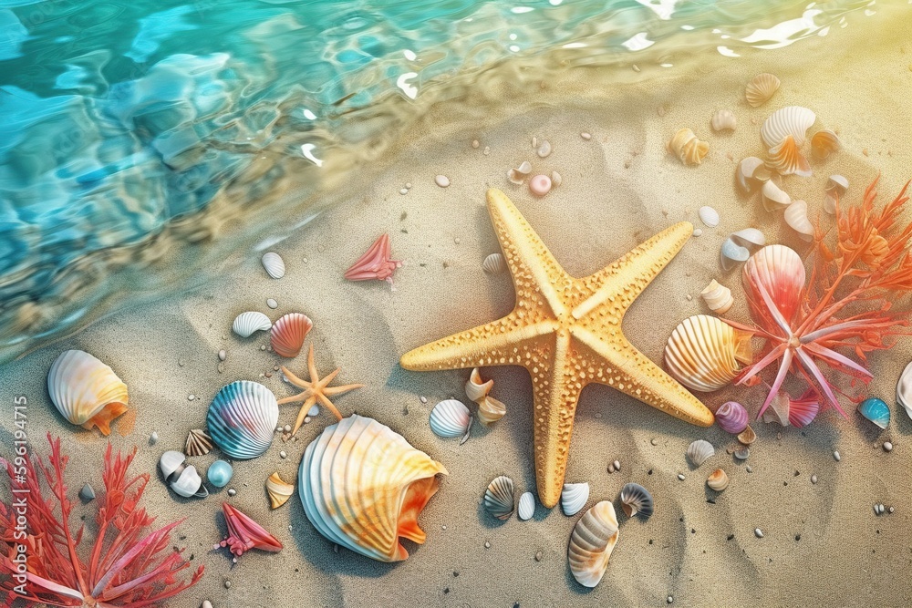 Sea coast with sand. Ai. Shells and star fish top view. Stock ...