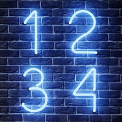 Poster - Glowing neon number (1, 2, 3, 4) signs on brick wall