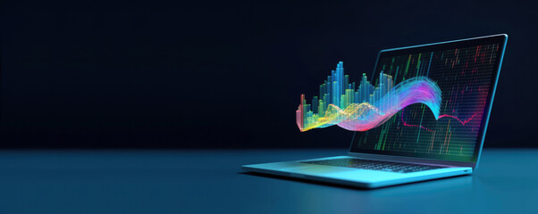 Laptop computer with digital data, technology concept, banner. Created using generative AI tools
