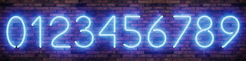 Poster - Glowing neon number signs on brick wall