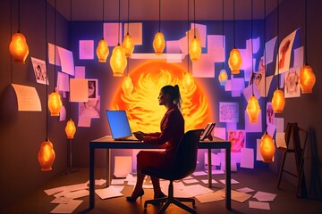 Wall Mural - bright idea and creative thinking, visualization of brainstorming, fictional person created with generative ai