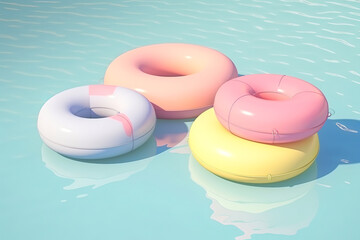 Summer concept inflatable float on the water in the pool, inflatable vivid color pool toy. Hot summer tropical and exotic day. Illustration. Generative AI.
