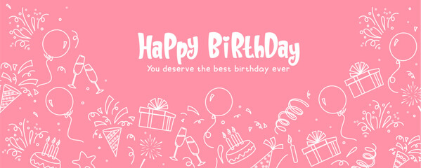 Happy birthday vector banner design. Birthday text with party and event gift wrap decoration. Vector illustration bday icon in pink background.