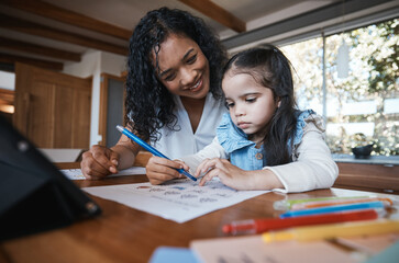 Poster - Study, home school and a mother teaching her daughter about math in the home living room. Education, homework and child development with a student girl learning from her female parent in a house