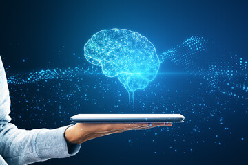 Aufkleber - Close up of female hands holding mobile phone with creative glowing polygonal brain hologram on blurry background. Neurology research, artificial intelligence concept. Double exposure.