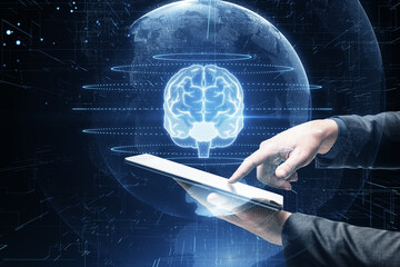 Wall Mural - Close up of businessman hand using cellphone with creative glowing polygonal brain sphere hologram on blurry background. Neurology research, artificial intelligence concept. Double exposure.