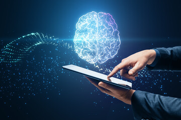 Poster - Close up of male hands using mobile phone with creative glowing polygonal brain hologram on blurry background. Neurology research, artificial intelligence concept. Double exposure.