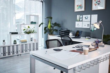 Aufkleber - Empty office, interior and workspace with furniture, table and professional layout in startup agency. Background of modern workplace, business building and room in company, job venue or minimal setup