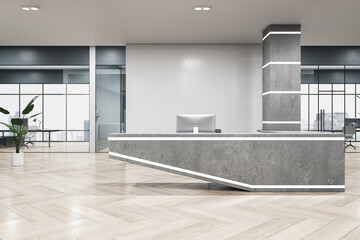 Poster - Contemporary concrete and hardwood office interior with reception desk and window with city view. Office lobby and waiting area concept. 3D Rendering.