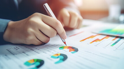 A close-up of a person's hand holding a pen and circling a chart on a financial report, choosing to invest in high-performing assets to increase ROI and profitability, with a blurred background of fin