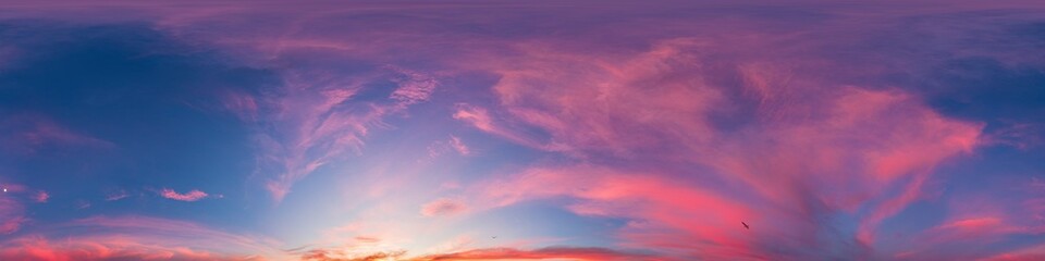 Wall Mural - Sunset sky panorama with bright glowing pink Cirrus clouds. HDR 360 seamless spherical panorama. Full zenith or sky dome for 3D visualization, sky replacement for aerial drone panoramas.