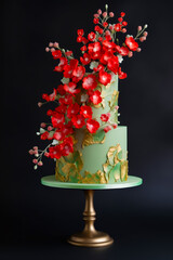 Canvas Print - Green and gold cake with red flowers on top of green plate. Generative AI.