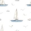 Watercolor seamless pattern with yacht, sailboat, sea, seagulls, clouds, nautical pattern