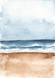 Watercolor seascape, sea and sky, sea horizon, seashore, beach, sand