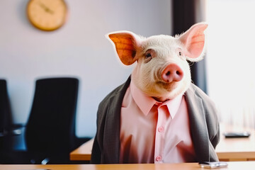 Sticker - Pig in suit and tie sitting at desk with clock in the background. Generative AI.