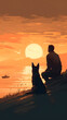 tourist and german shepherd watch the sunset, vector illustration. Generative AI.