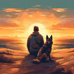 Wall Mural - tourist and german shepherd watch the sunset, vector illustration. Generative AI.