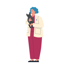 Wall Mural - Woman veterinarian doctor holding cute dog, flat vector illustration isolated.