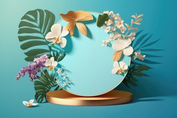 Wall Mural - Creative golden podium, empty blue stage decorated with white orchid flowers, blue bright background. Minimalism, product showcase