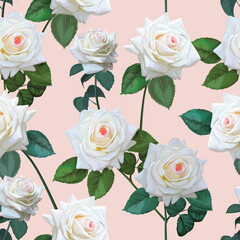 Wall Mural - White rose seamless pattern on pink background -vector illustration