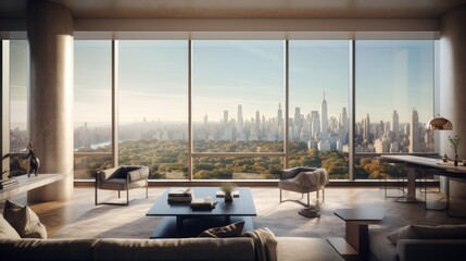 Wall Mural - Modern living room interior with panoramic window and city view. Generative AI