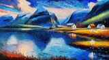 Fototapeta Góry - Mountains landscape oil painting. Mountain lake with reflections in water.