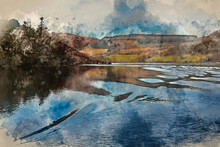 Digital Watercolour Painting Of Beautiful Winter Landscape Image Viewed From Boat On Ullswater In Lake District With Unusual Water Ripple Wake Movements