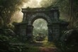 A breathtaking portal archway in a forest with an ancient magical stone gate showcasing another dimension. Digital 3D art. Generative AI