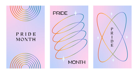 Wall Mural - Modern design for Pride Month card, banner. Set of trendy minimalist queer aesthetic posters with gradients shapes. LGBTQ y2k backgrounds or stories templates for social media. Vector illustration.