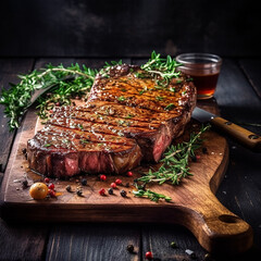 Wall Mural - juicy grilled steak with herbs and spices on rustic cutting board. Barbecue