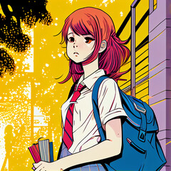 Wall Mural - pop art manga girl going to school Generative AI