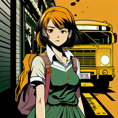 Wall Mural - pop art manga girl going to school Generative AI