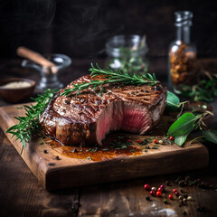 Wall Mural - juicy grilled steak with herbs and spices on rustic cutting board. Barbecue