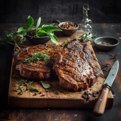 Wall Mural - juicy grilled steak with herbs and spices on rustic cutting board. Barbecue