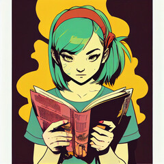 Wall Mural - pop art manga girl reading book generative ai