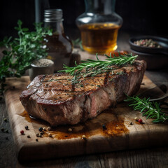 Wall Mural - juicy grilled steak with herbs and spices on rustic cutting board. Barbecue