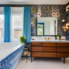 Wall Mural - 16 A retro-inspired bathroom with a mix of colorful and patterned finishes, a large, freestanding bathtub, and a mix of open and closed storage2, Generative AI