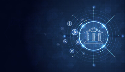 Banking and Finance concept. digital connect system. Financial and Banking technology with integrated circles, glowing line icons and on blue background. vector design.