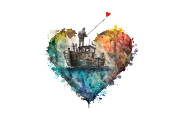 fishing boat with the sea in the shape of a heart drawn with watercolors isolated on a white background. AI generation