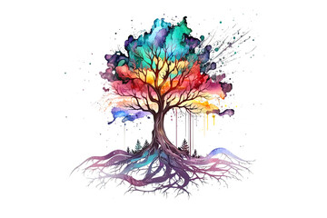 Poster - a tree with roots is drawn with watercolors isolated on a white background. Generated by AI