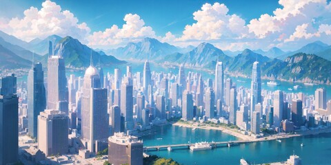 anime background, hong kong, city, business buildings, sunny, skyscraper, sky, blue sky, landscape, 